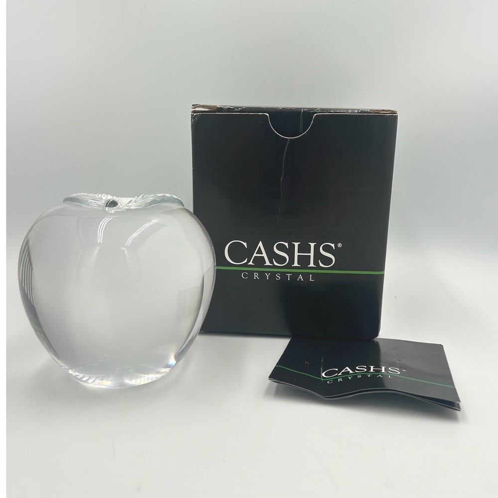 Cashs Crystal Apple Paperweight Clear Glass Etched Leaf Decor with Box Small